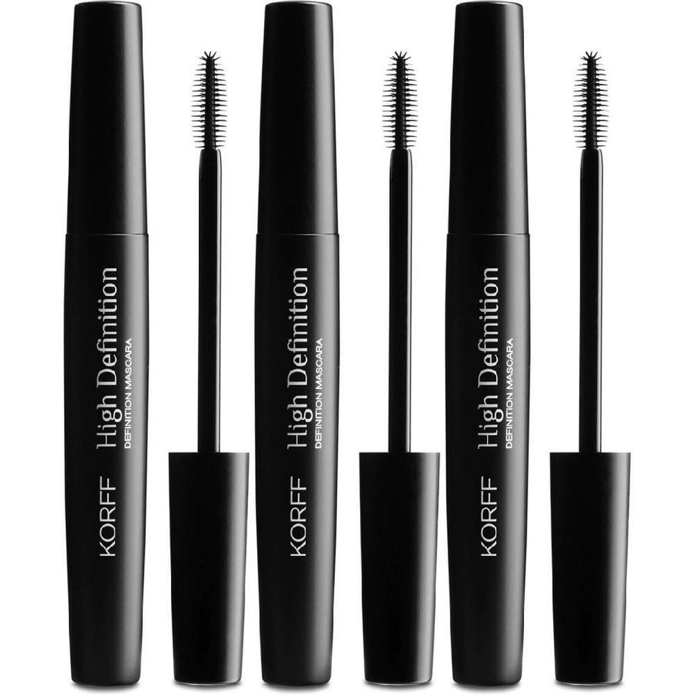 Tre tubetti di mascara neri con applicatori, KORFF High Definition.