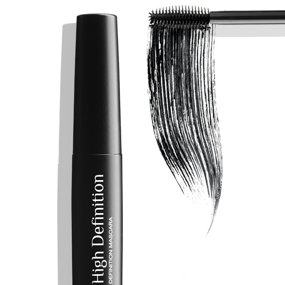 Tubetto di mascara nero e uno swatch di mascara nero, KORFF High Definition.