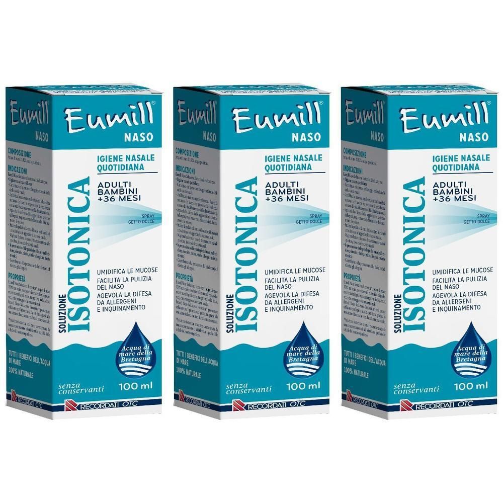 Tre confezioni di Eumill Naso Isotonica, spray nasale.