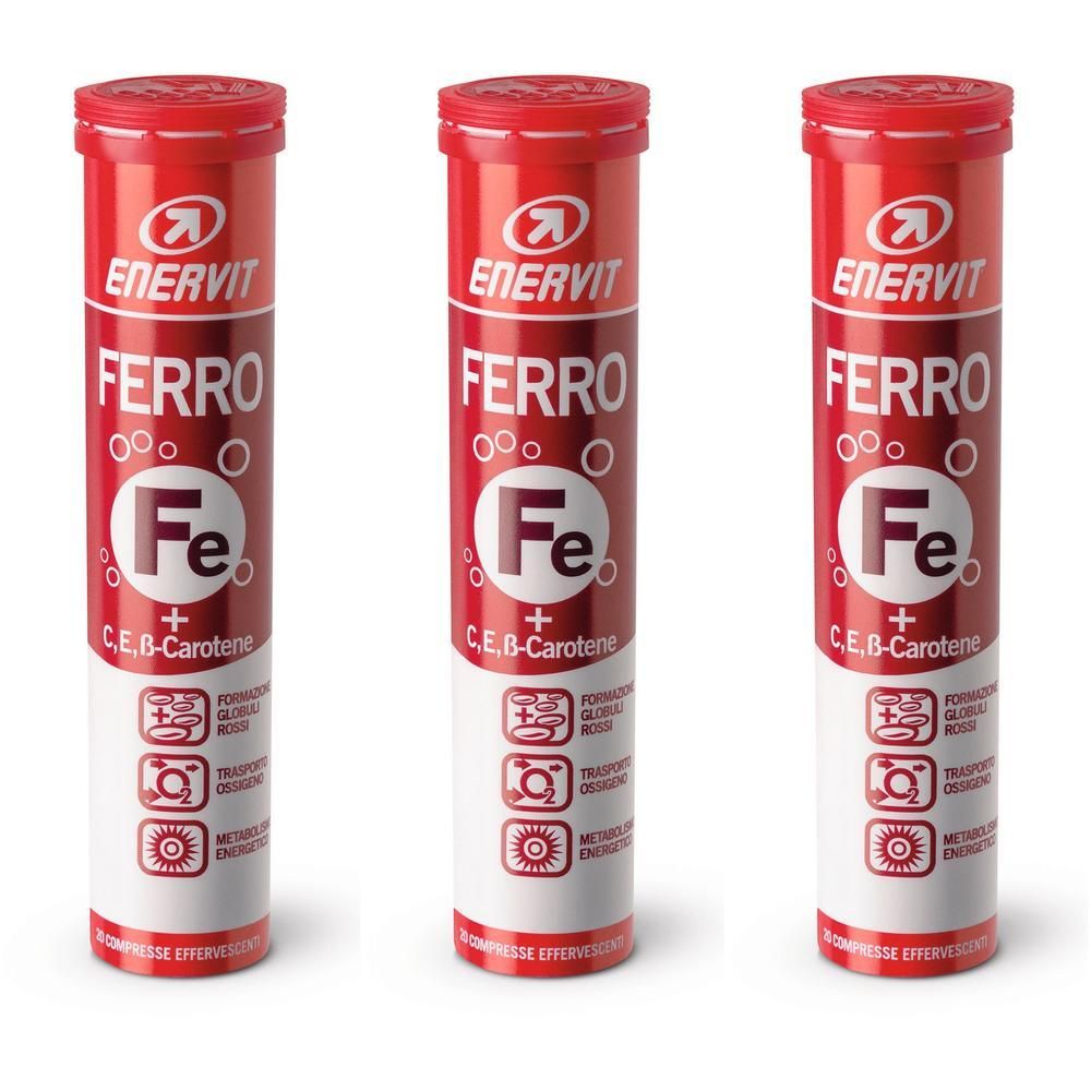 Tre tubi rossi ENERVIT FERRO con Fe+C,E,B-Carotene. Icone globuli rossi, trasporto ossigeno, metabolismo energetico.