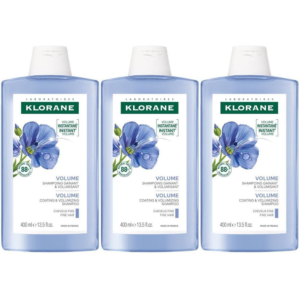 Tre flaconi di shampoo Klorane Volume con motivo floreale di lino, 400ml.