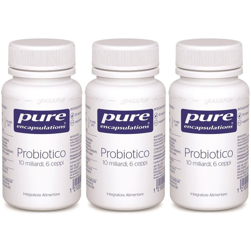 Tre flaconi di Pure Encapsulations Probiotico, 10 miliardi di colture, 6 ceppi.