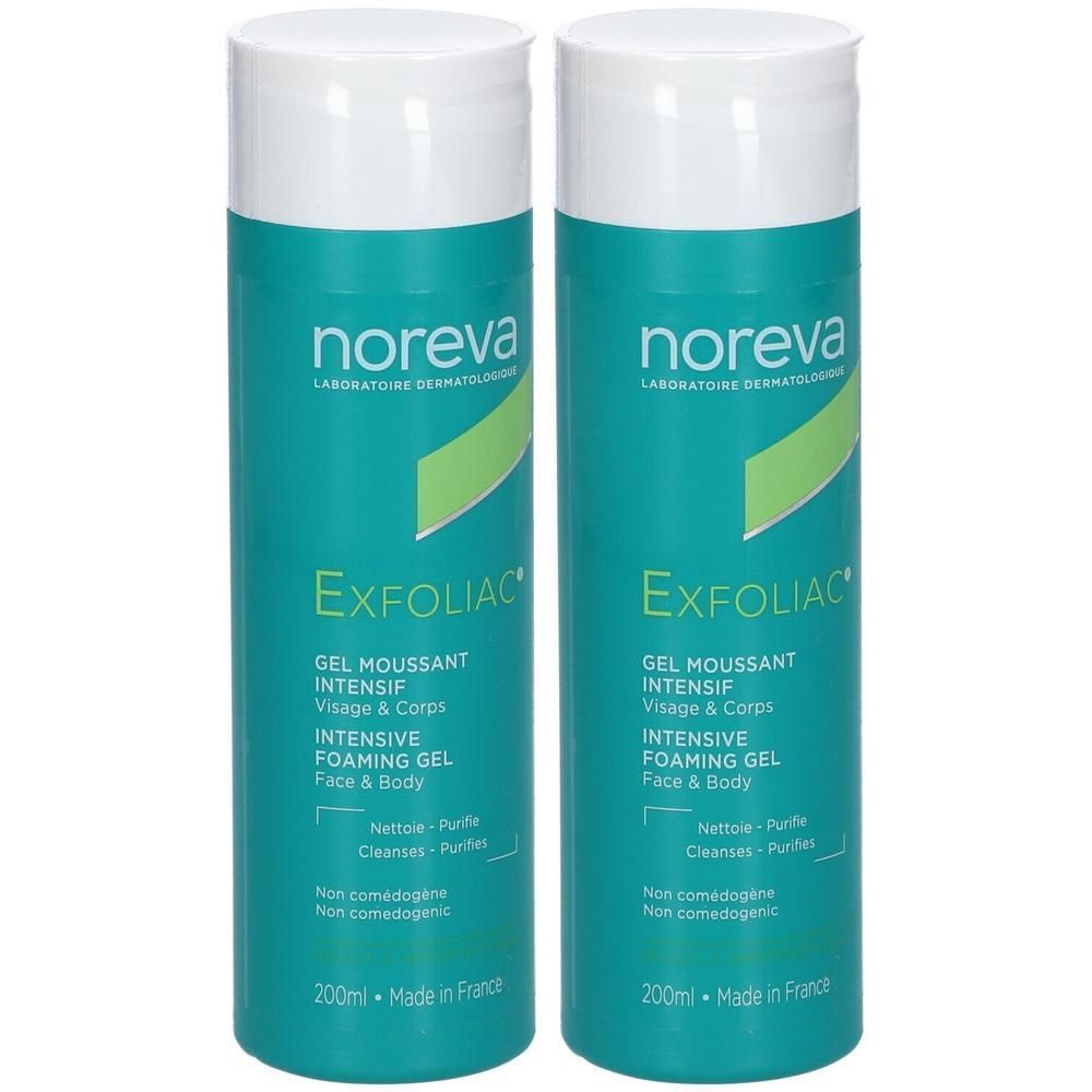 Due flaconi Noreva Exfoliac® gel detergente intensivo per viso e corpo.