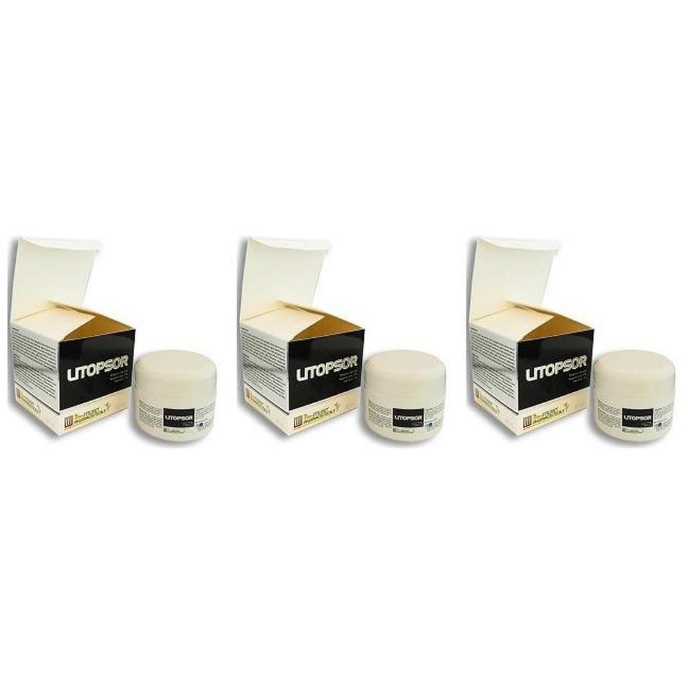 Tre confezioni di crema Litopsor con scatole aperte. Vasi bianchi con etichetta nera.