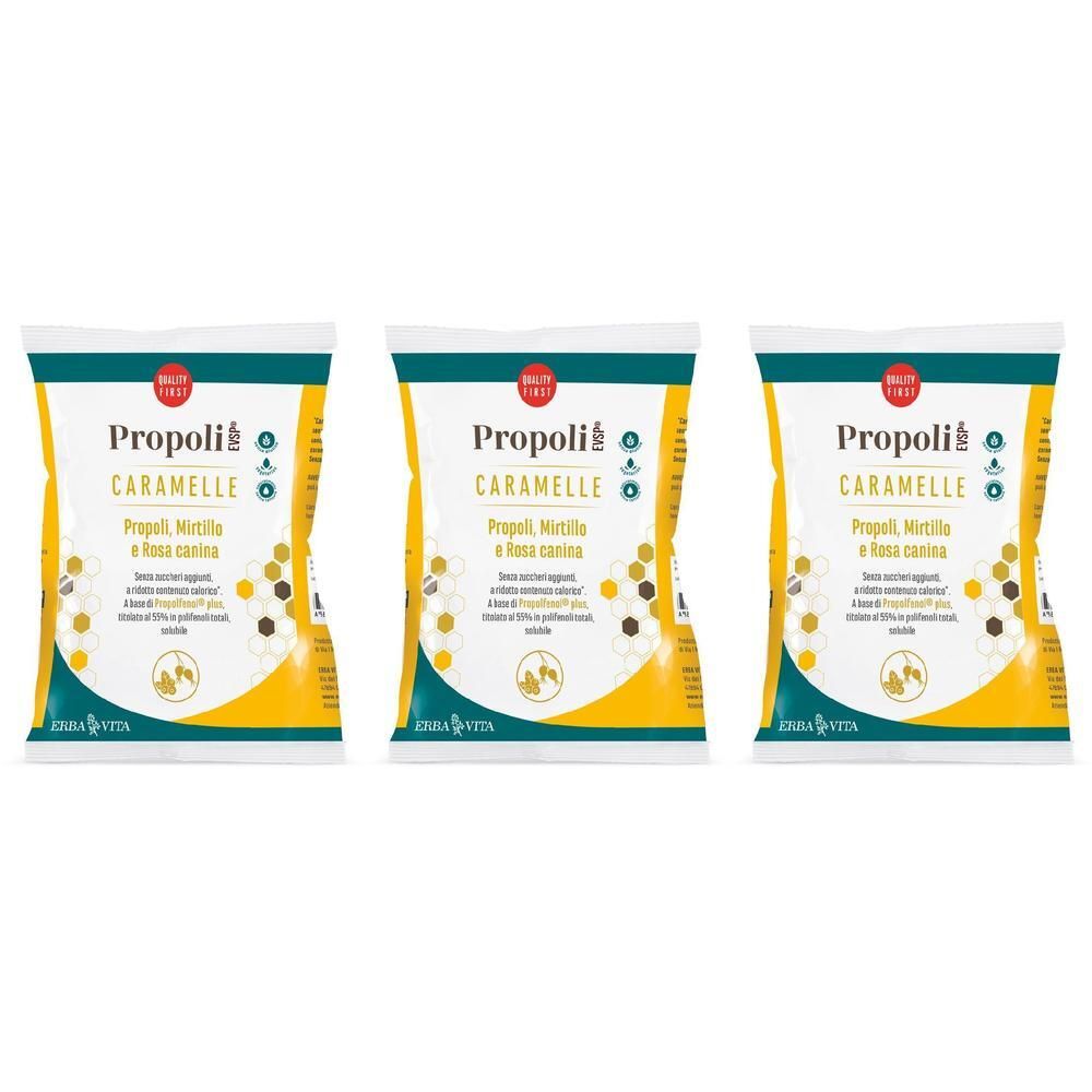 Tre confezioni di caramelle Propoli con Propoli, Mirto e Rosa canina.