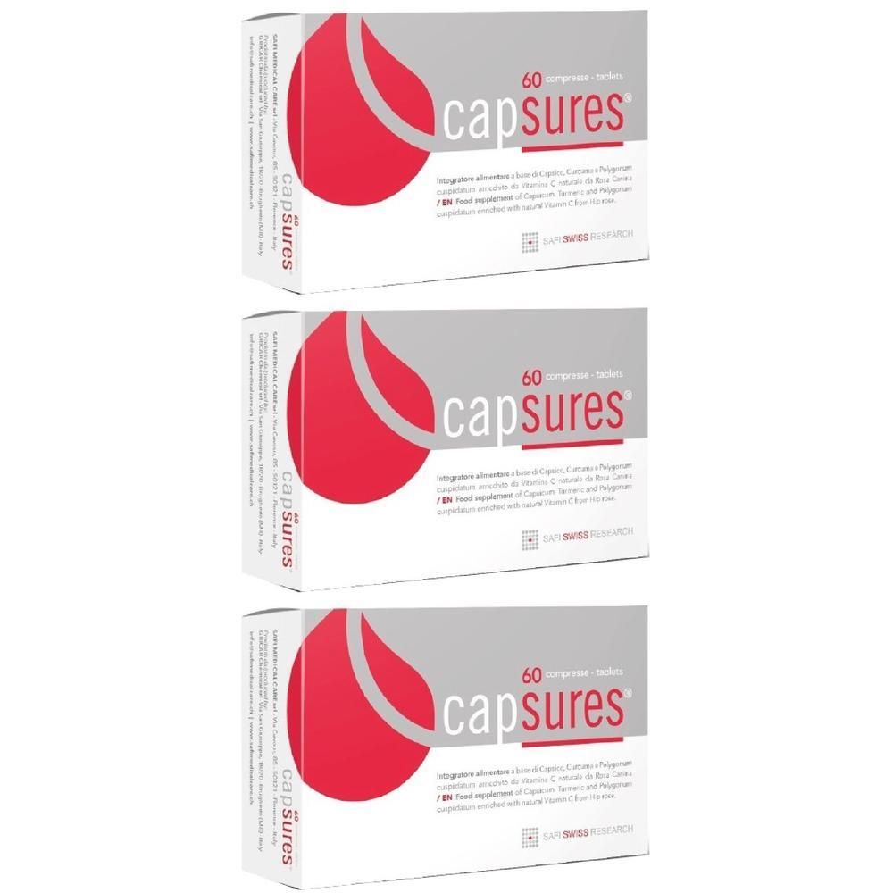 Tre scatole di Safi Swiss Research Capsures® da 60 capsule ciascuna. Design a goccia rossa su sfondo bianco.
