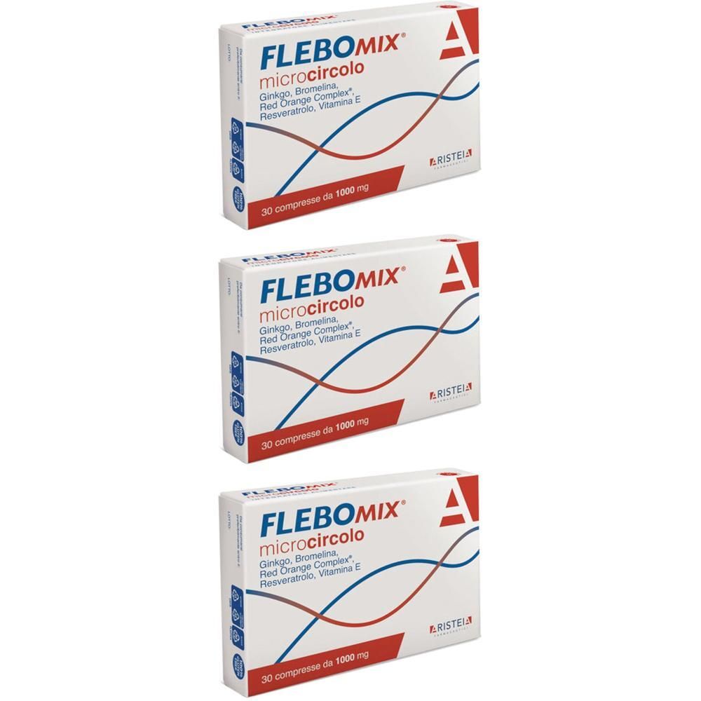 Tre confezioni di Flebomix Microcircolo da 30 compresse. Linee rosse e blu su scatola bianca.
