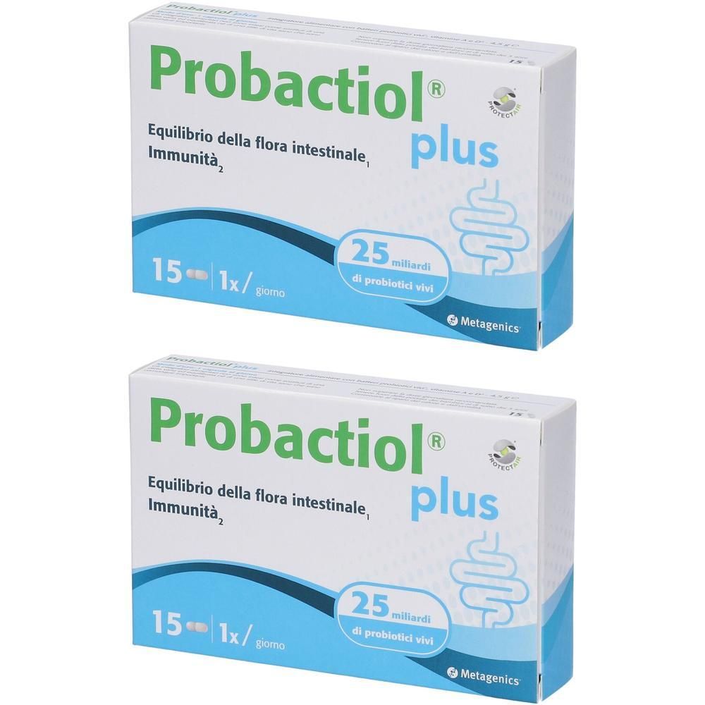 Due confezioni di Probactiol® plus con 25 miliardi di colture probiotiche per bustina.