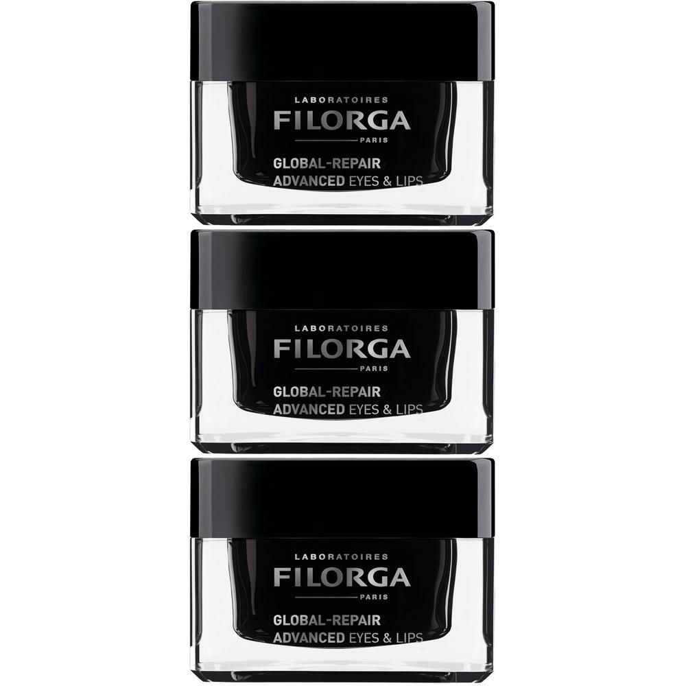 Tre vasetti di Filorga Global-Repair Advanced Eyes & Lips.