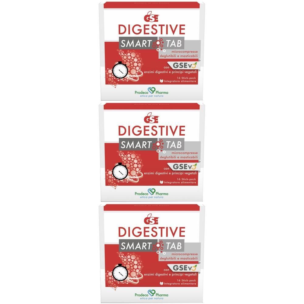 Tre confezioni di GSE Digestive Smart Tab con logo HSEV e simbolo del cronometro.