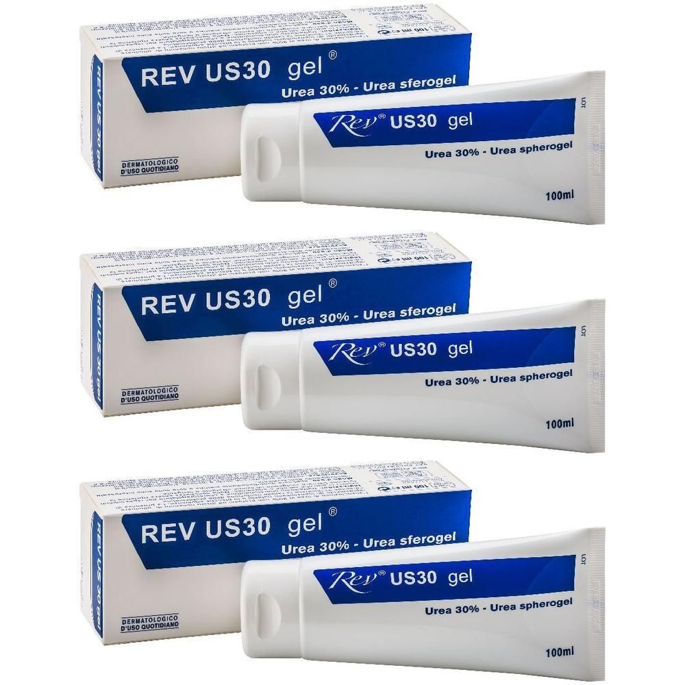 Tre tubi e scatole di REV US30 Gel, Urea 30% - Urea Sferogel.