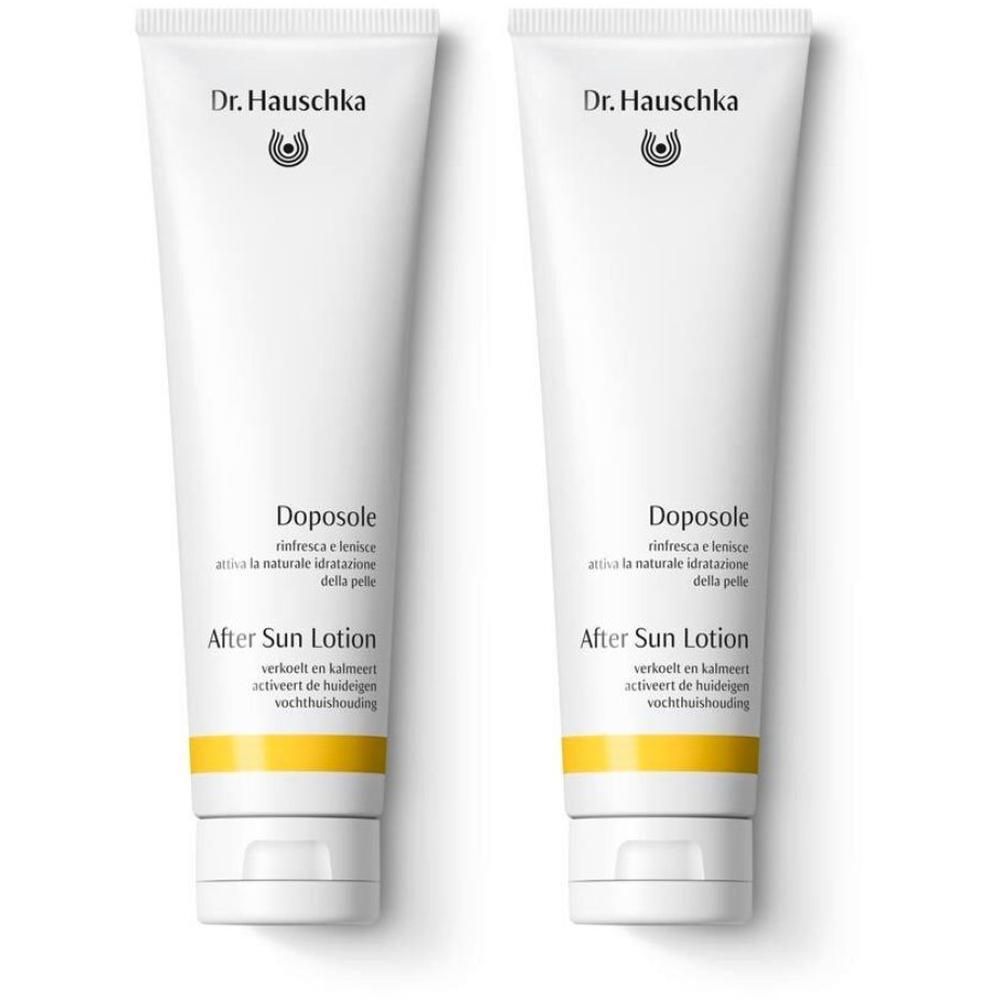 Due tubetti bianchi di Dr. Hauschka Doposole After Sun Lotion con una striscia gialla.