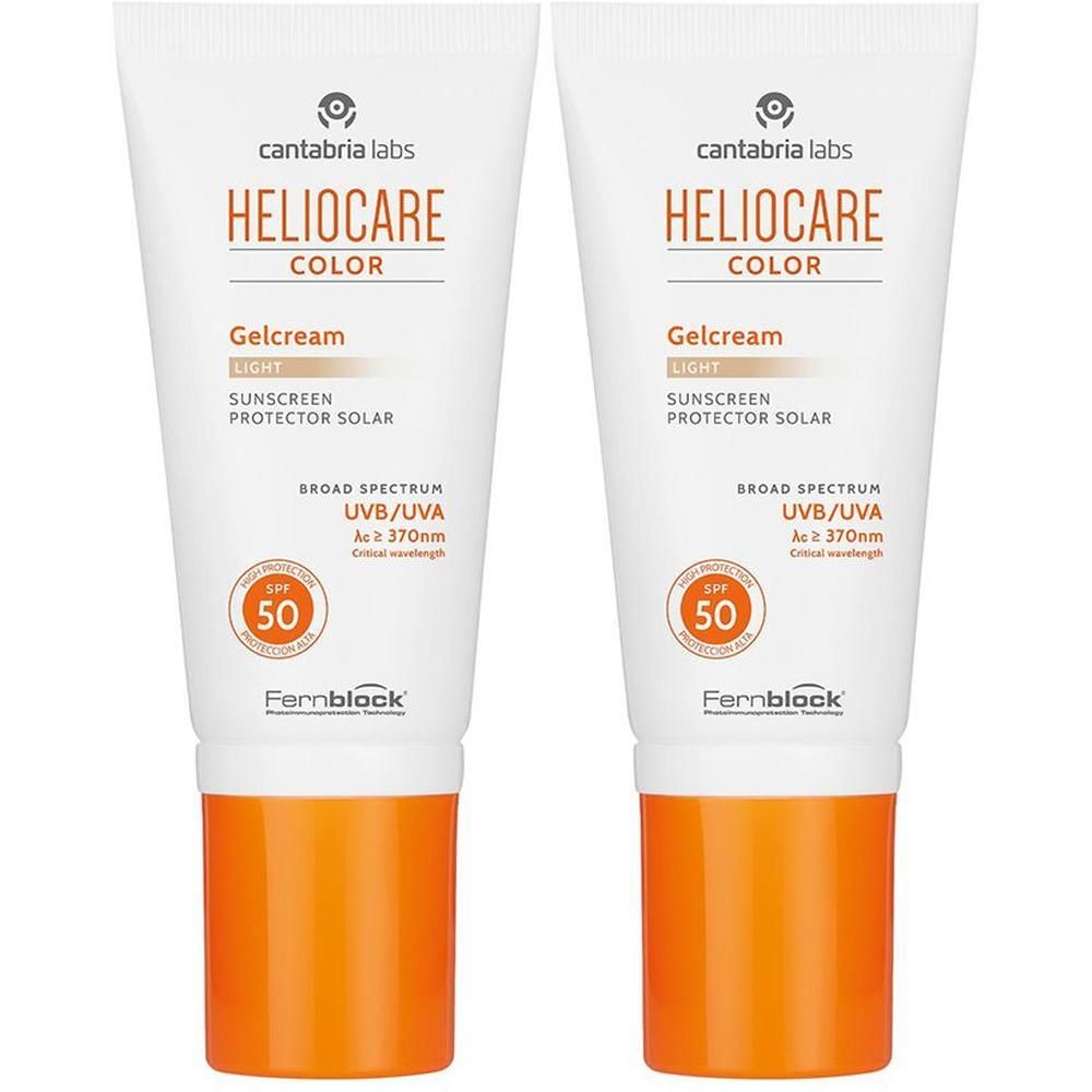 Due tubi di Heliocare Color Light Gelcream SPF 50. Protezione solare ad ampio spettro UV/UVA.