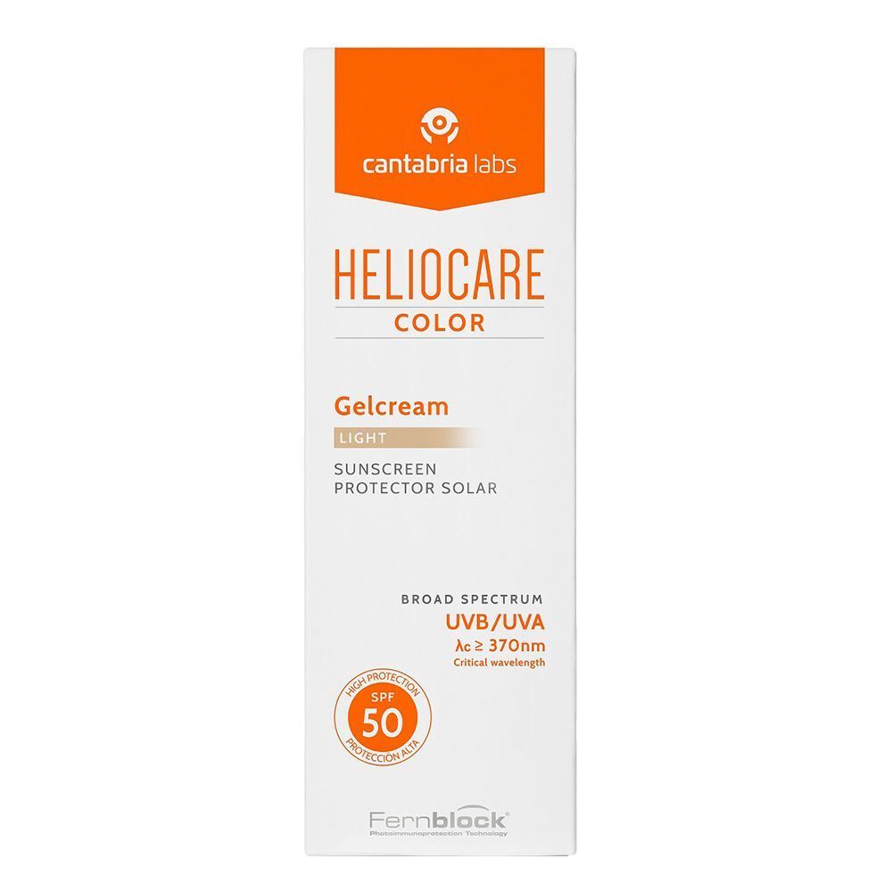 Heliocare Color Light Gelcream SPF 50 in tubetto bianco con tappo arancione. Protezione ad ampio spettro UVB/UVA.