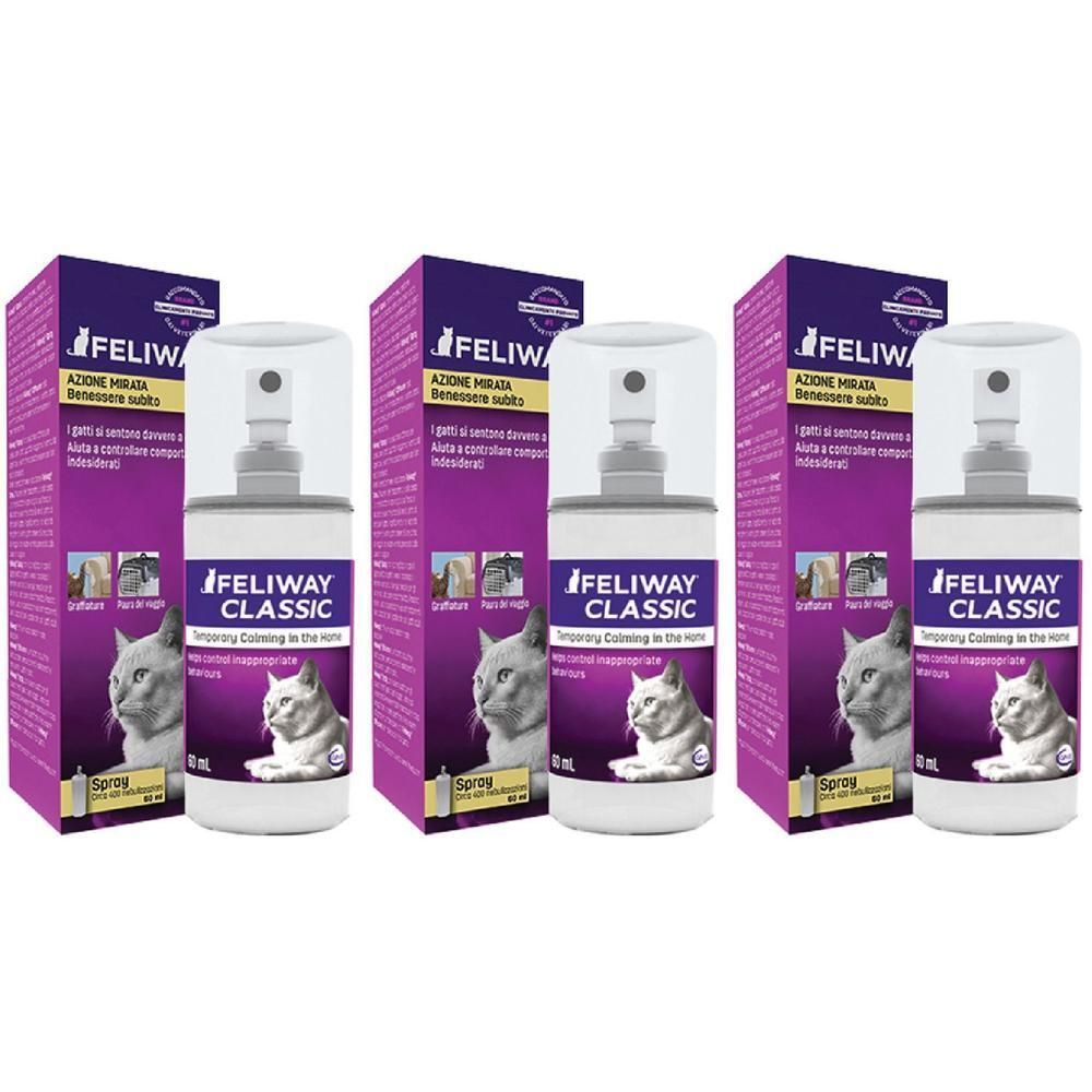 Tre flaconi di spray Feliway Classic da 60 ml ciascuno.