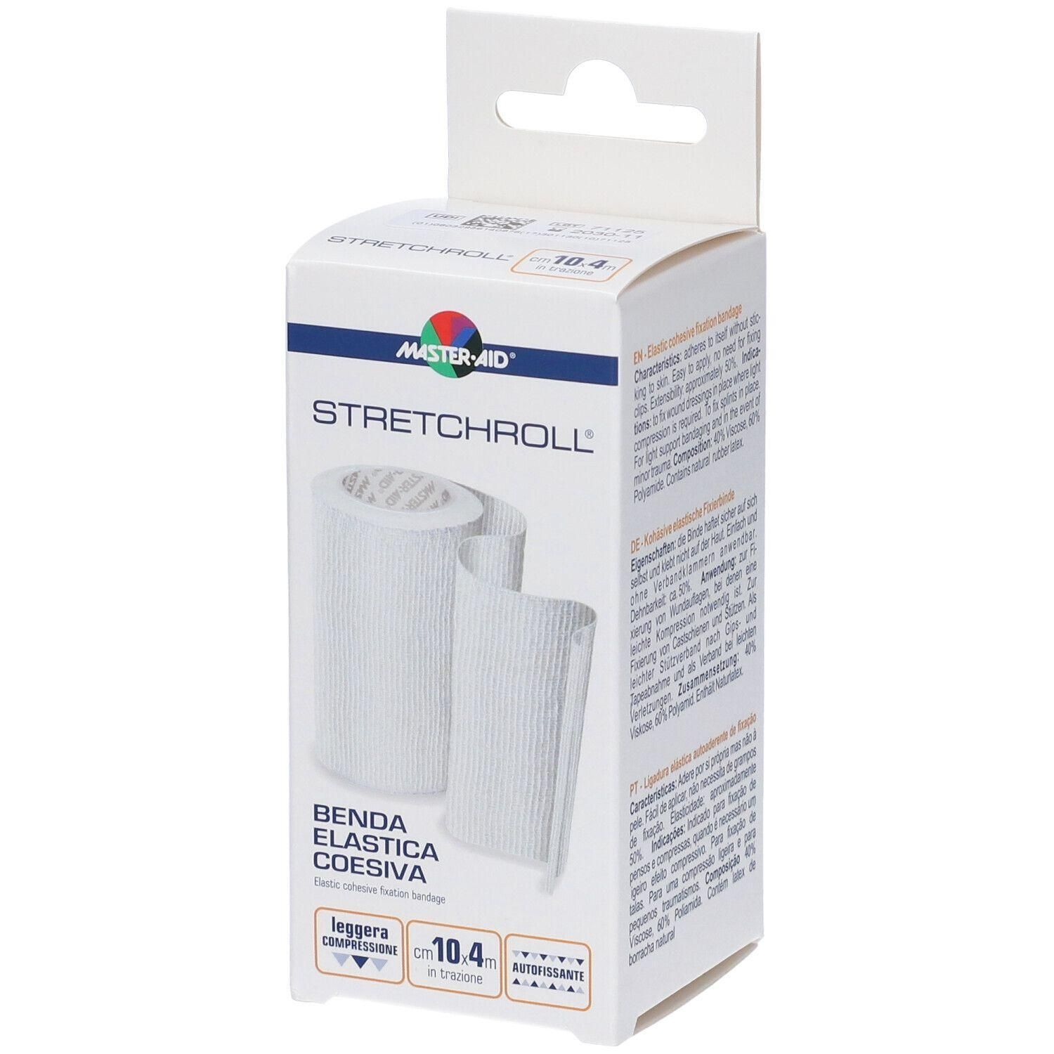Confezione di una benda elastica coesiva bianca. Marca: Master-Aid Stretchroll.