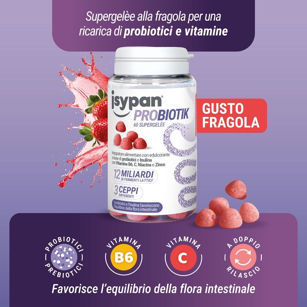 Un flacone di Isypan Probiotik 60 Supergelee con caramelle gommose fragola e fragole.