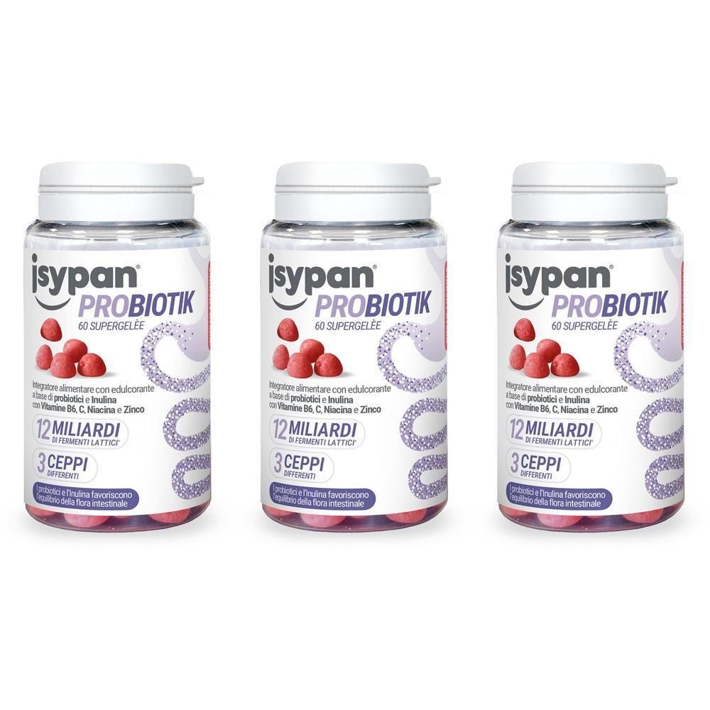 Tre flaconi di Isypan Probiotik Fermenti 60 Supergelee con gelatine rosse.
