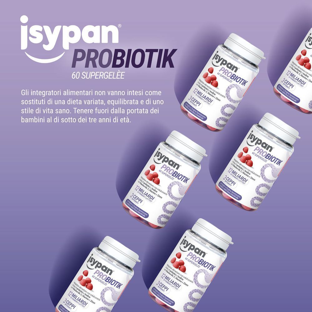Molteplici flaconi di Isypan Probiotik Fermenti 60 Supergelee su sfondo viola.