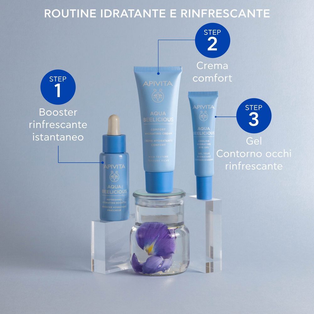 Crema idratante APIVITA Aqua Beelicious, booster e gel contorno occhi.