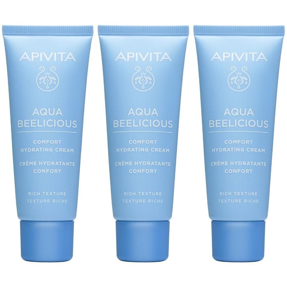 Tre tubetti di crema idratante APIVITA Aqua Beelicious texture ricca.
