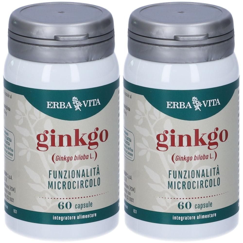 Due flaconi di capsule ERBA VITA Ginkgo per la funzionalità microcircolo, 60 capsule per flacone.