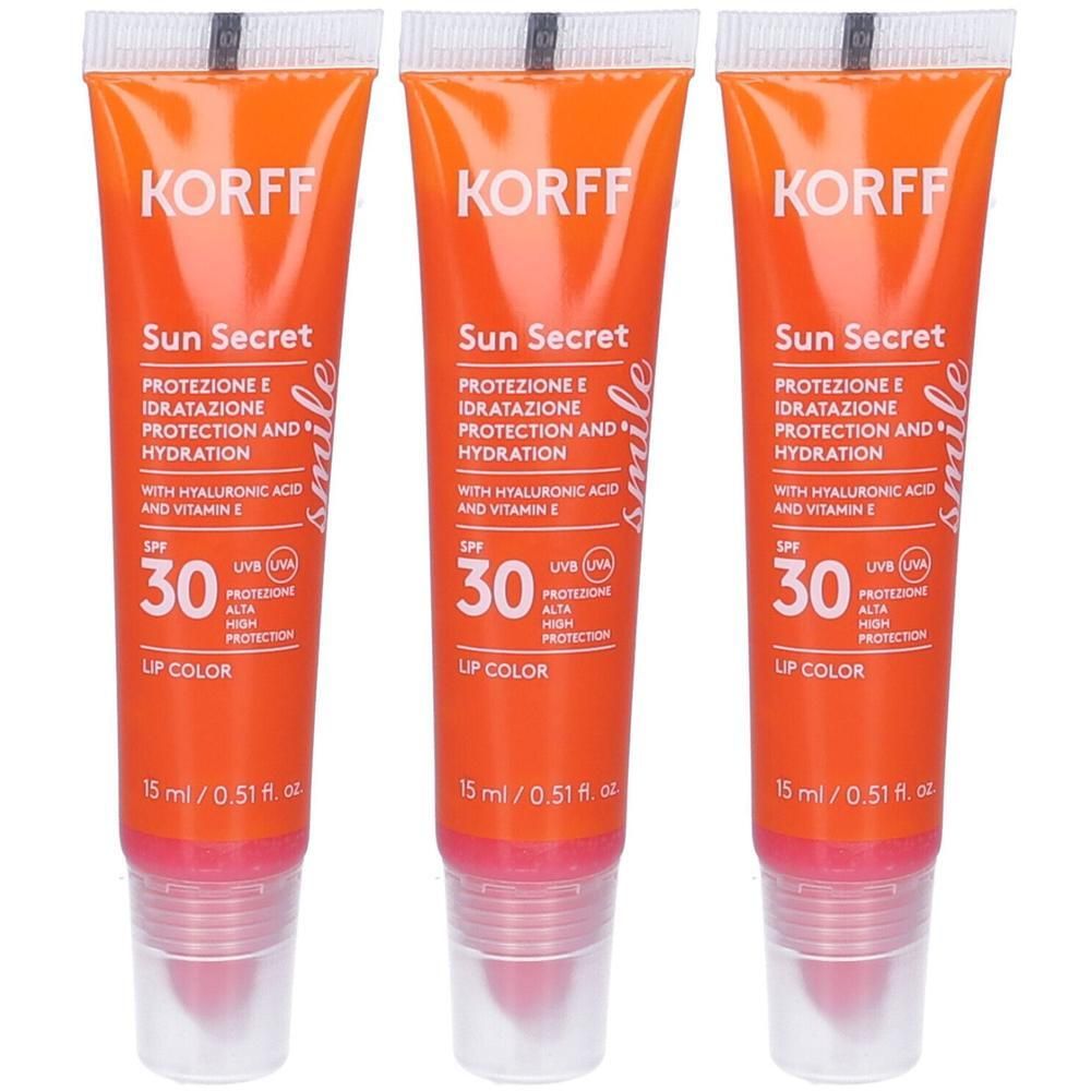 Tre KORFF Sun Secret Lip Color SPF 30 color lampone. Ogni tubo contiene 15 ml.