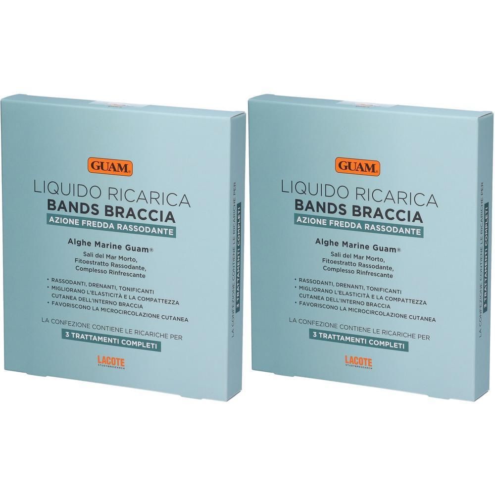 Due confezioni di liquido ricarica Guam per fasce braccia. Contiene 3 trattamenti.