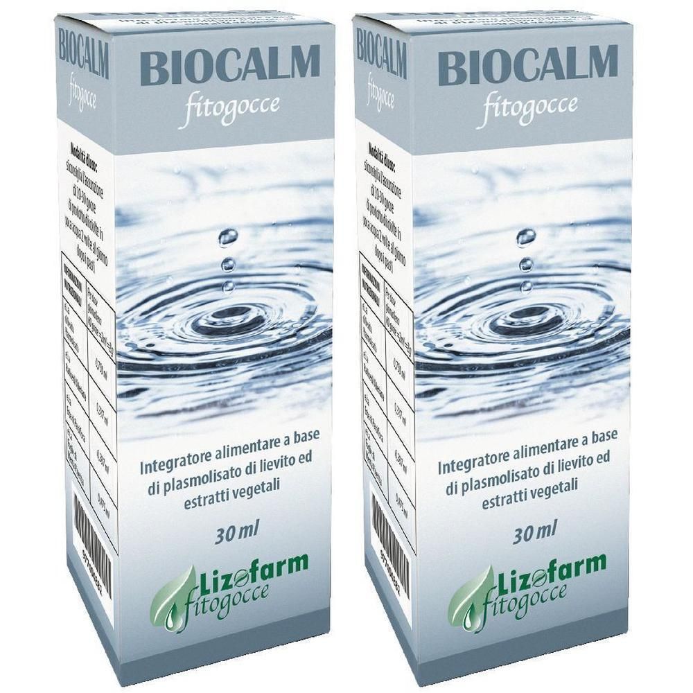 Due confezioni di Biocalm Fitogocce, 30 ml. Design con gocce d'acqua sulla scatola.