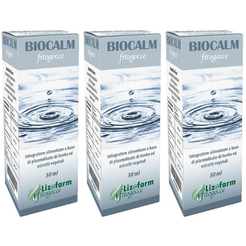 Tre confezioni di Biocalm Fitogocce, integratore alimentare a base di plasmolisato di lievito ed estratti vegetali.