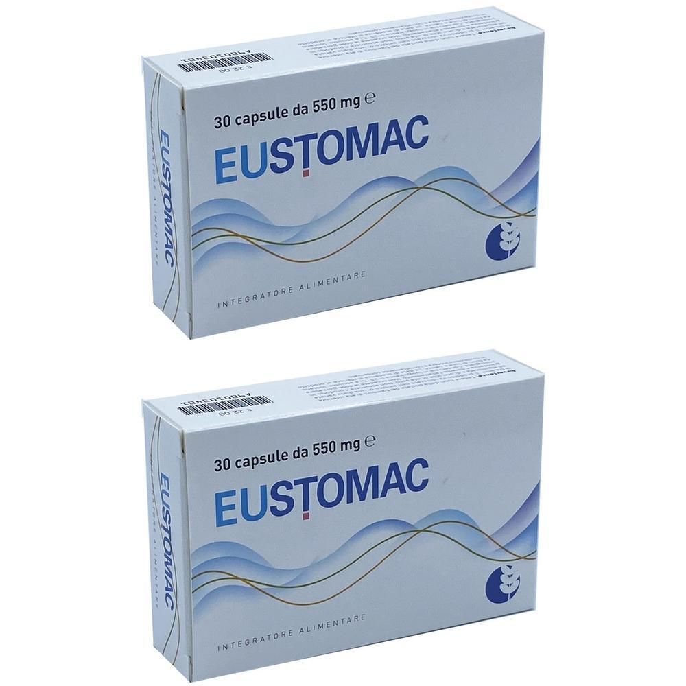 Due scatole EUSTOMAC, 30 capsule da 550 mg, integratore alimentare.