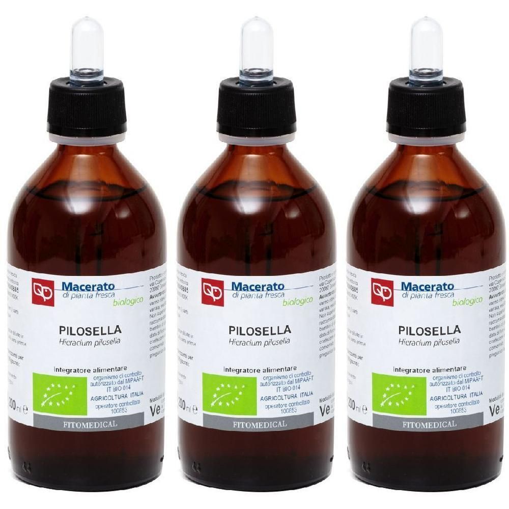Tre flaconi in vetro marrone con contagocce, pieni di liquido scuro. Con sigillo biologico.