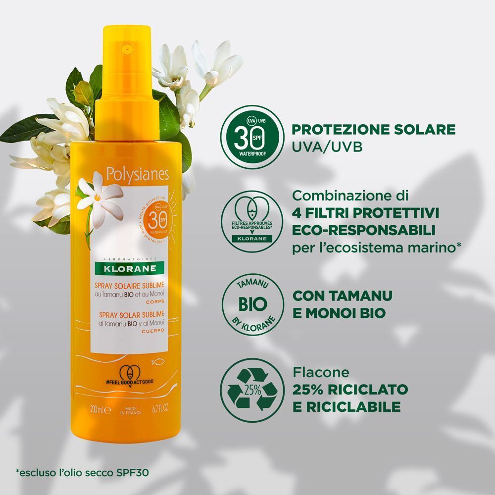 Spray solare Klorane SPF 30, Tamanu BIO e Monoi BIO. Alta protezione UVA/UVB.