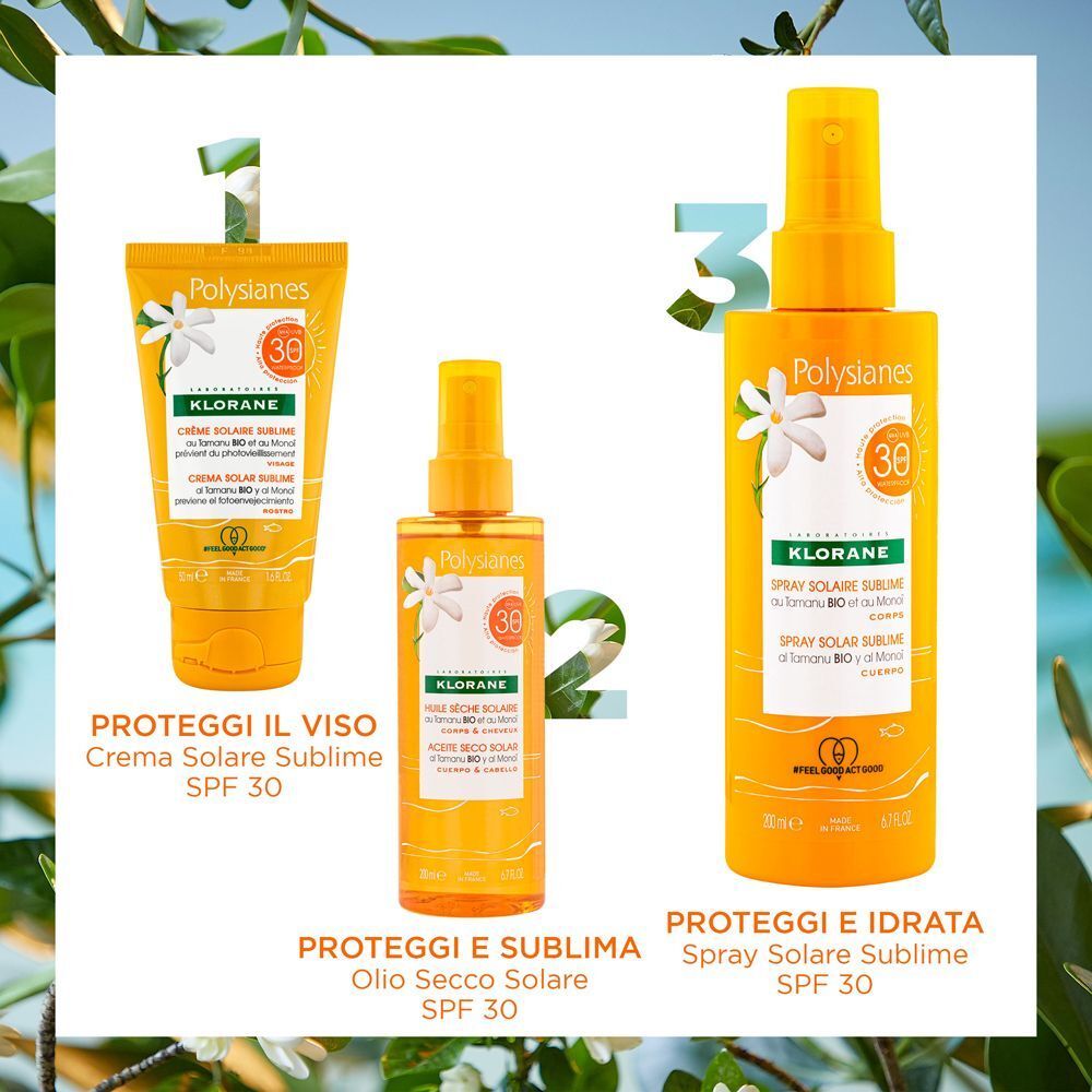 Protezione solare Klorane: crema viso, olio corpo e spray corpo SPF 30.