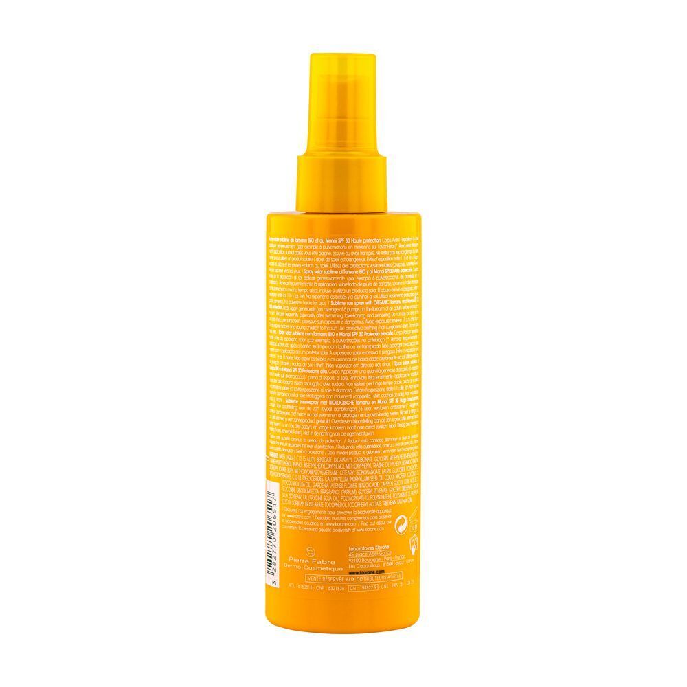 Retro di un flacone di spray solare Klorane con informazioni dettagliate.