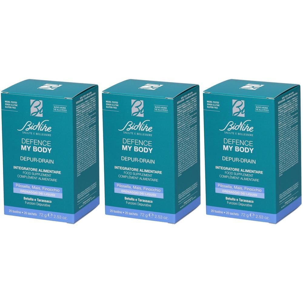 Tre confezioni di Bionike Defence My Body Depur-Drain, integratore alimentare, 30 bustine.