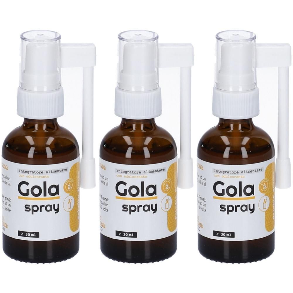 Tre flaconi in vetro ambrato con spray e applicatore. Etichetta 'Gola spray'.