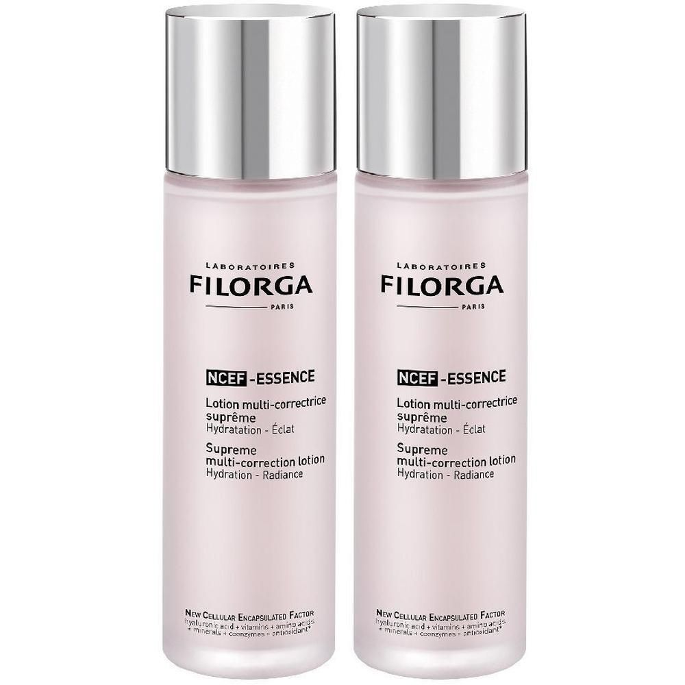 Due flaconi di LOTION FILORGA NCEF-ESSENCE con tappi argentati.