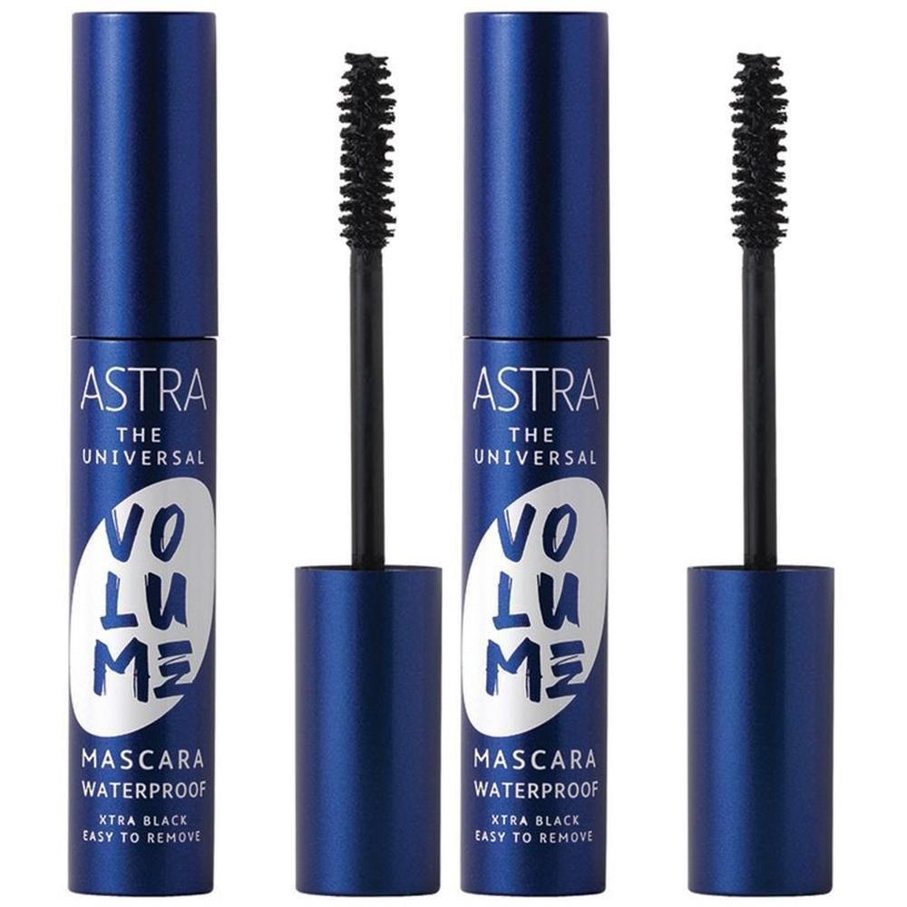 Tre flaconi Astra The Universal Volume Mascara Waterproof Xtra Black con scovolini.