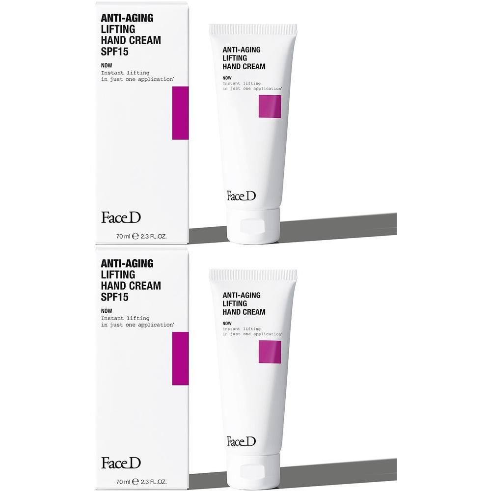 Due tubetti e scatole di crema mani anti-età con SPF 15.