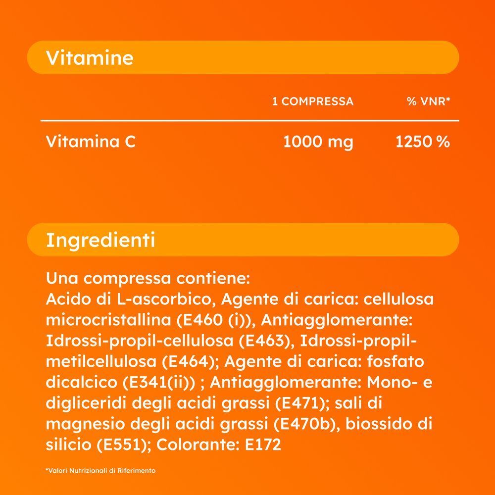 Informazioni nutrizionali: Vitamina C 1000mg per compressa. Elenco ingredienti.
