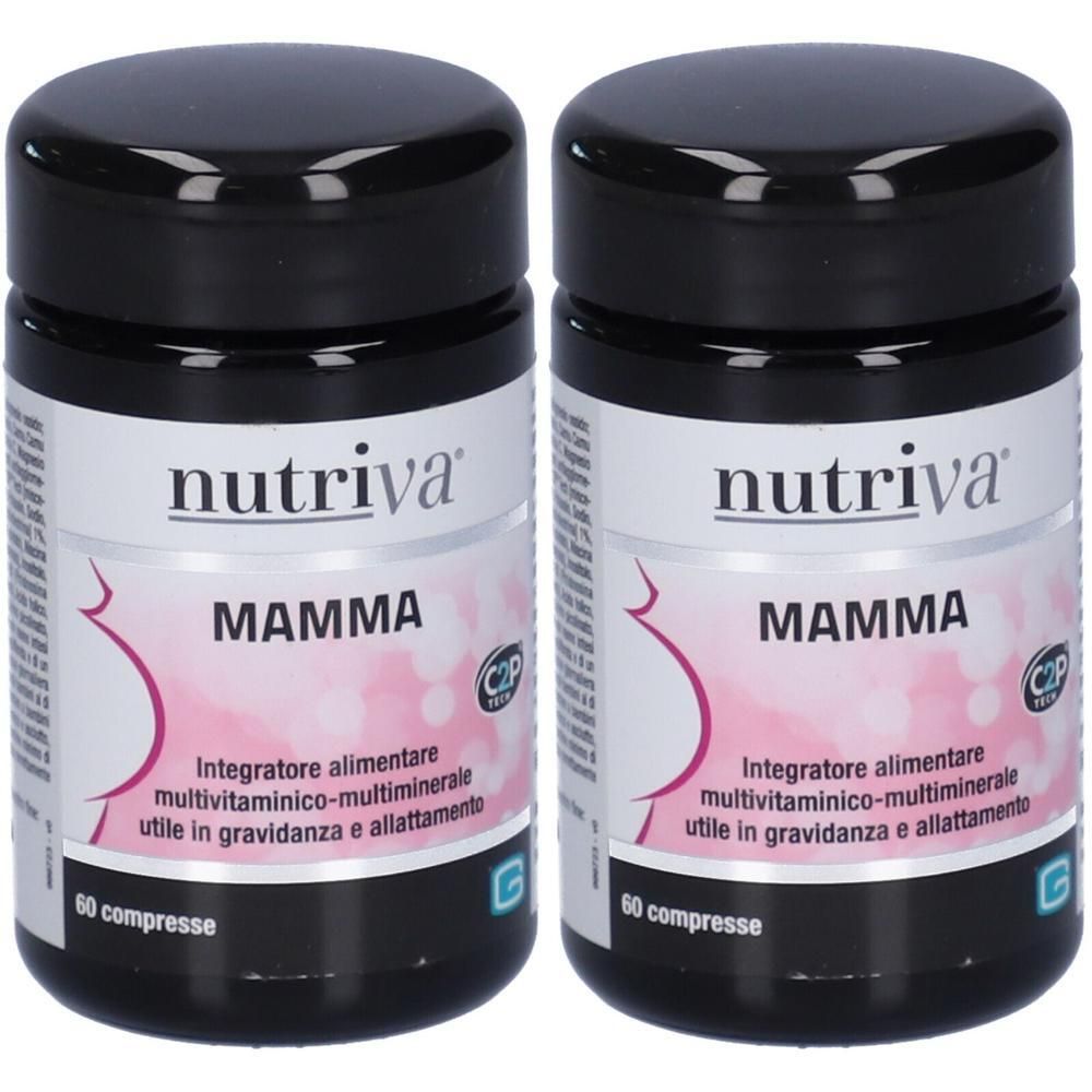 Due barattoli Nutriva Mamma da 60 compresse ciascuno. Integratore alimentare multivitaminico per gravidanza e allattamento.
