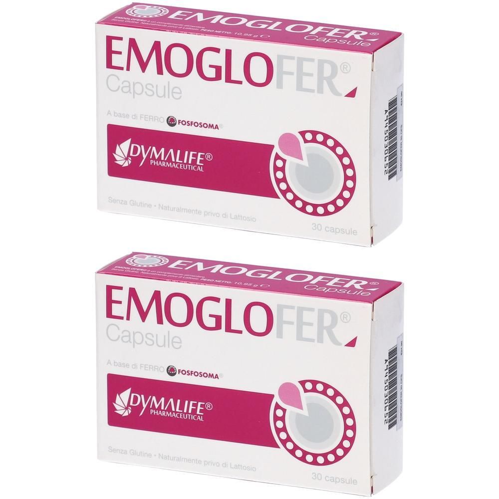 Due confezioni di capsule Emoglofer da 30 capsule. Dymalife Pharmaceutical.