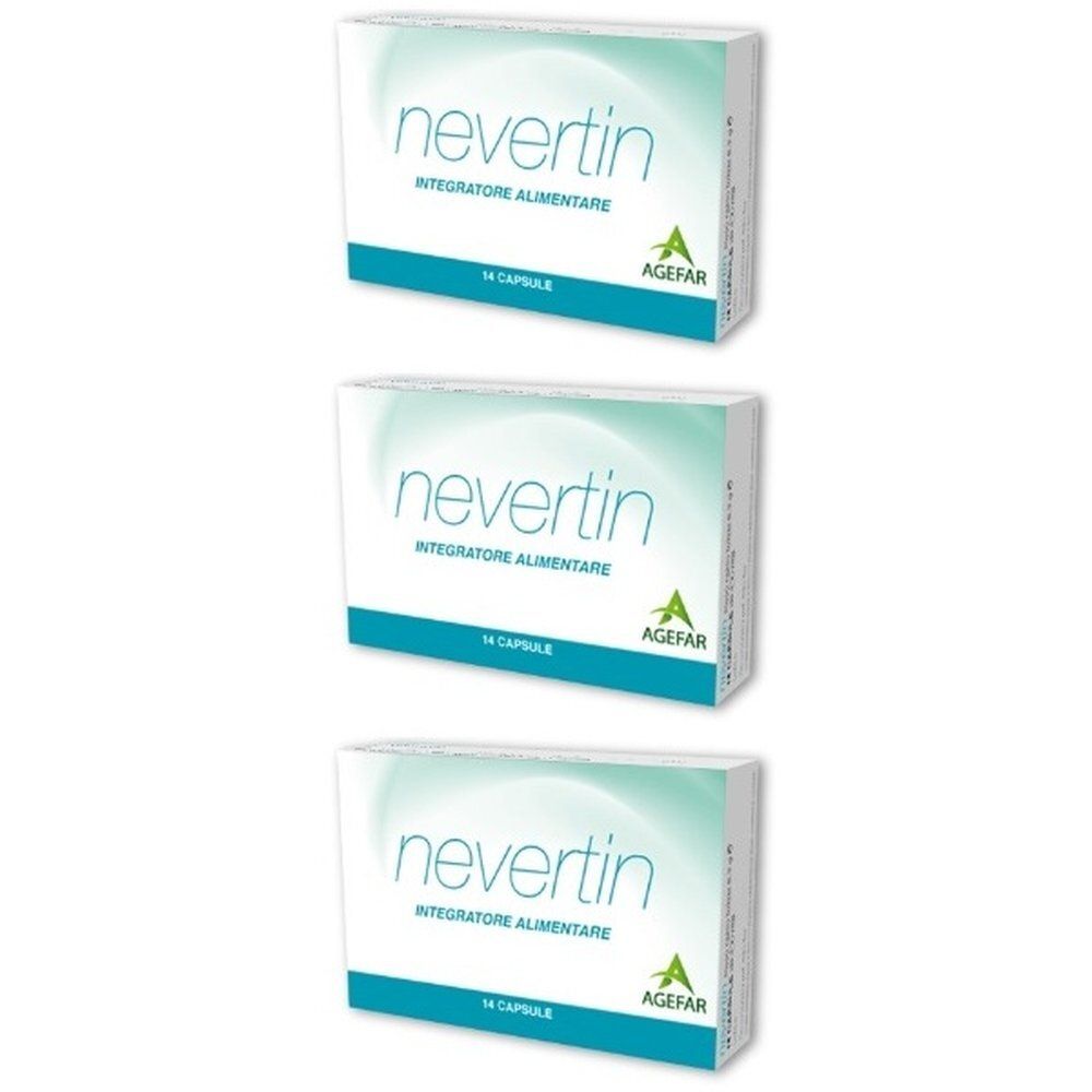 Tre confezioni di integratore alimentare Nevertin, ciascuna da 14 capsule.
