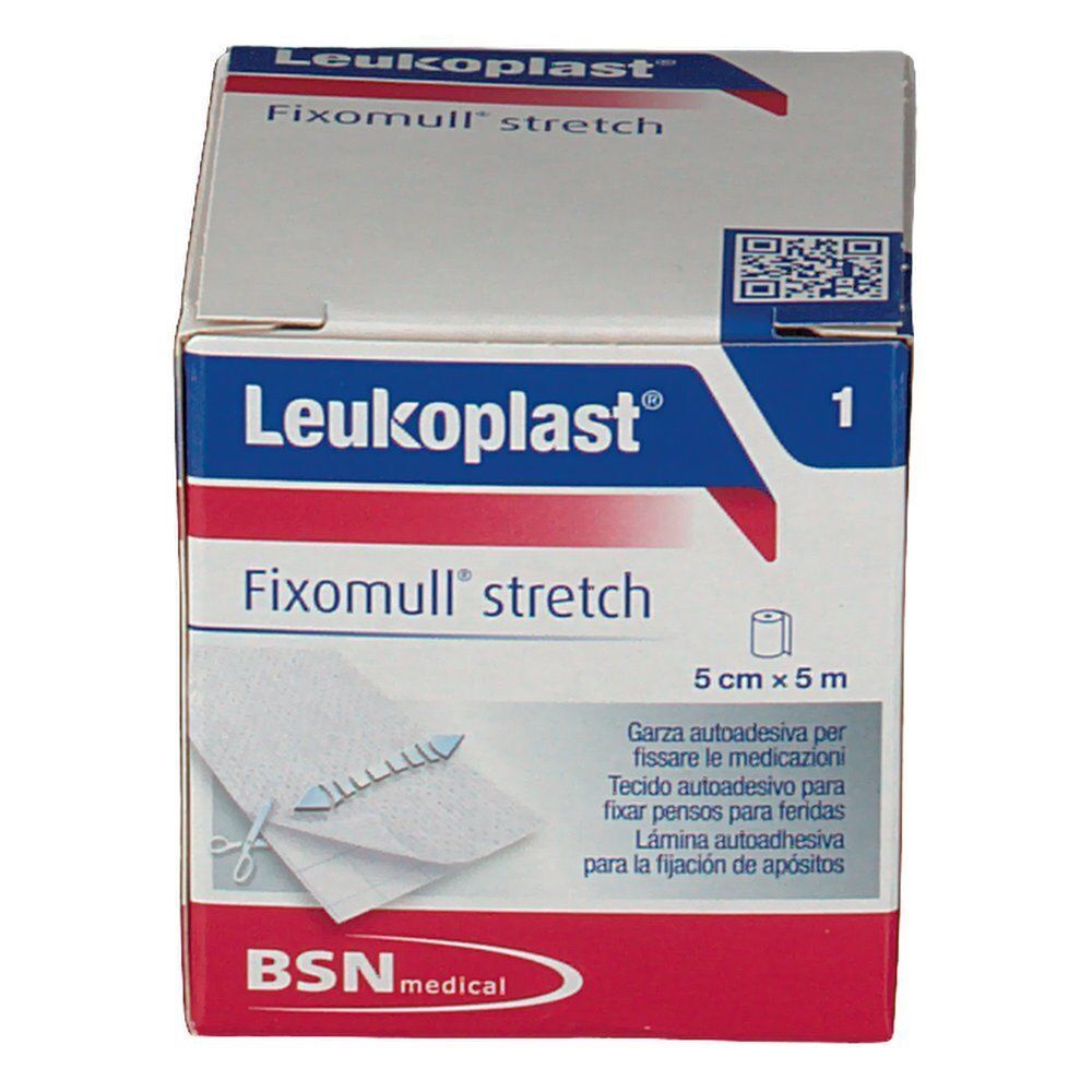 Confezione Leukoplast Fixomull Stretch, 5 cm x 5 m, garza adesiva.