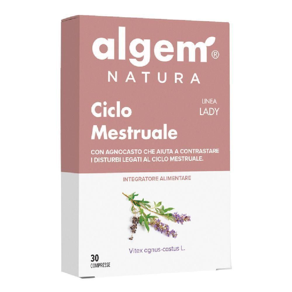 Algem Natura Lady Ciclo Mestruale Compresse: Confezione da 30 compresse, con illustrazione di Vitex agnus-castus.