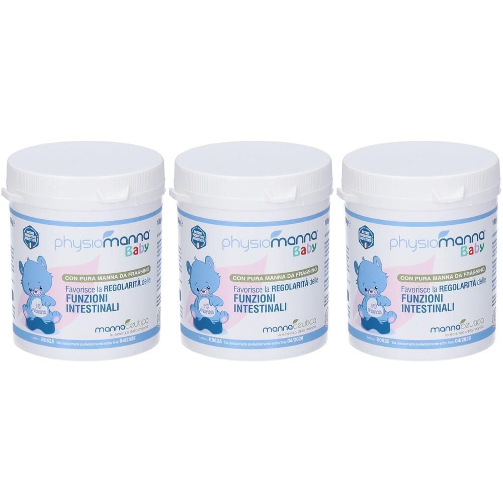 Tre contenitori bianchi con etichette blu raffiguranti un orso blu e "physiomanna Baby".