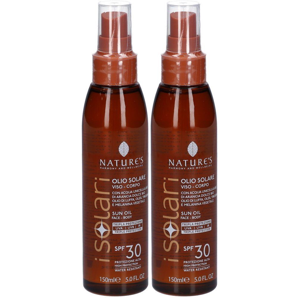 Due flaconi di Olio Solare NATURE'S iSolari SPF 30, 150ml.