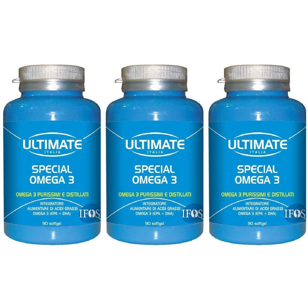 Tre flaconi blu di Ultimate Special Omega 3 Softgels. Ogni flacone contiene 90 softgels.