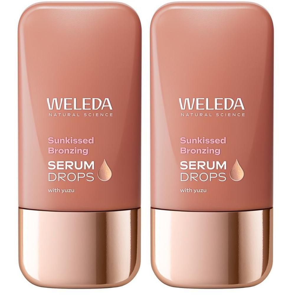 Due flaconi di WELEDA Sunkissed Bronzing Serum Drops con yuzu.